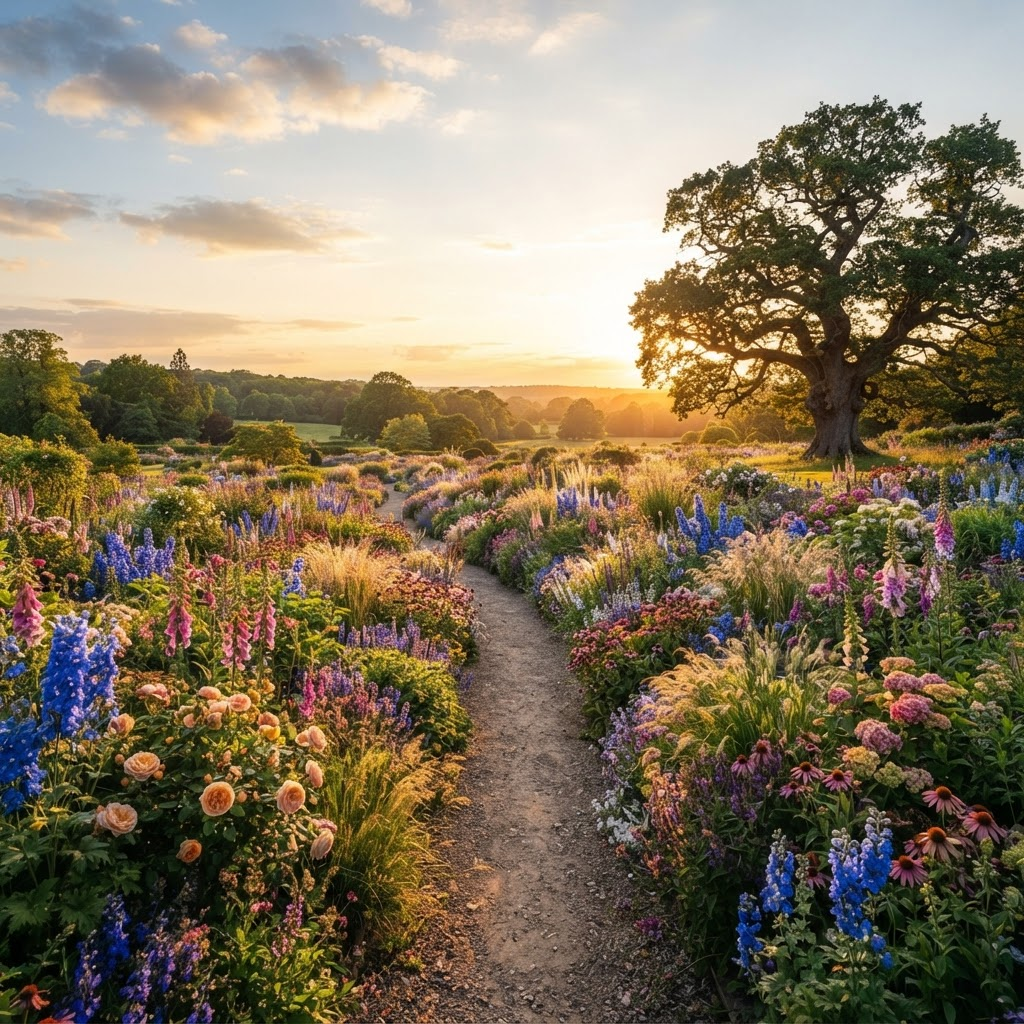 A vast sunlit botanical garden with deep flower borders of delphiniums and roses, an ancient oak and a gravel path leading away between the beds